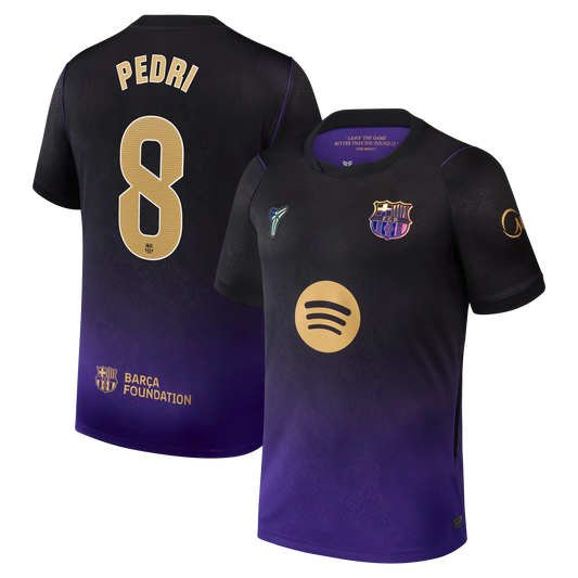 Front and back view of men's Barcelona 2026-2027 away purple stadium replica jersey featuring Pedri by Final Third Kit