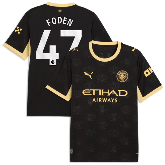 Front and back view of Manchester City 2026-2027 away black replica jersey featuring Phil Foden by Final Third Kit