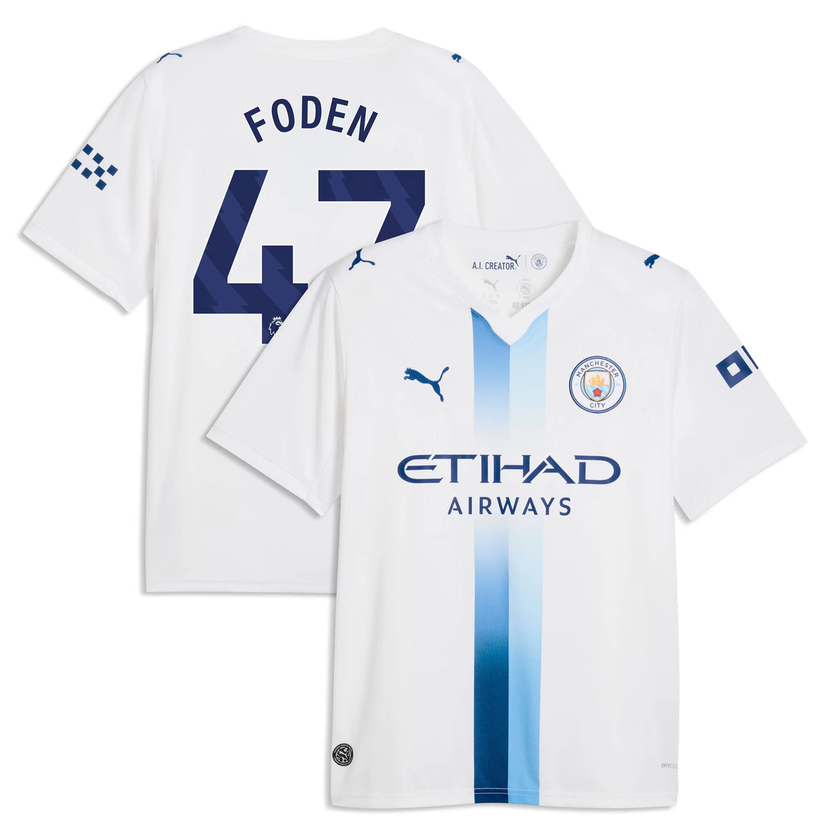 Front and back view of Manchester City 2026-2027 third white replica jersey featuring Phil Foden by Final Third Kit