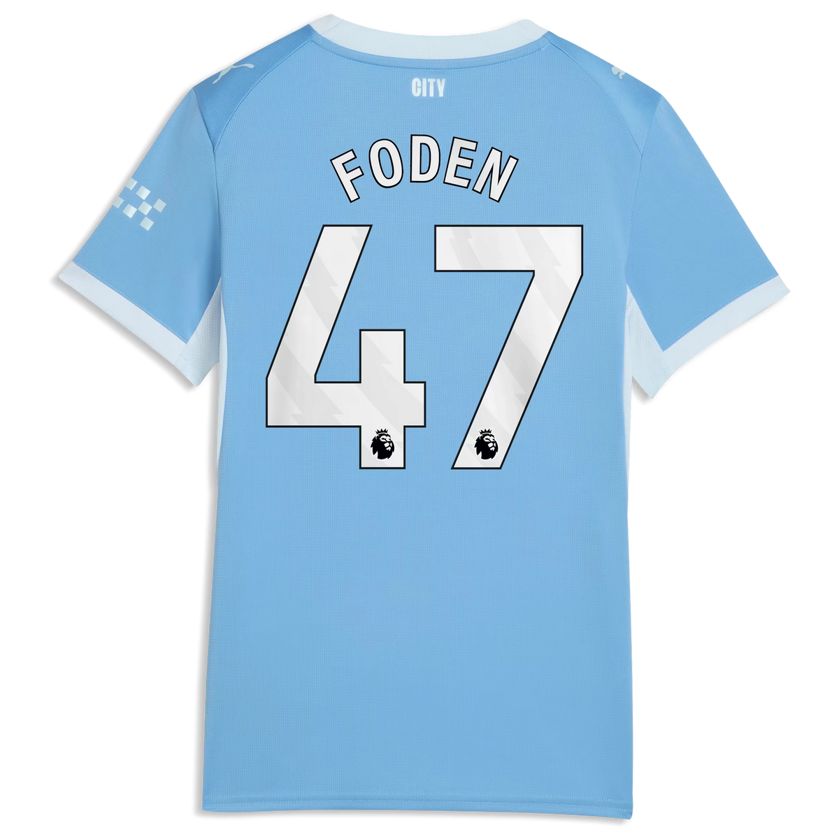 Back view of women's Manchester City 2026-2027 home light blue replica football shirt with Phil Foden name and number 47 printing by Final Third Kit