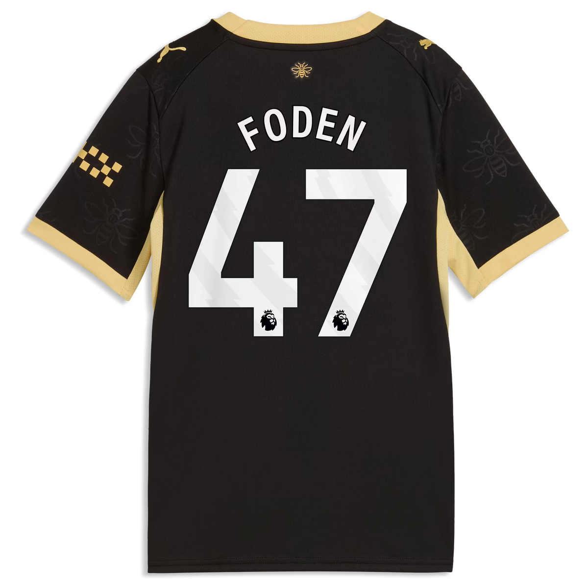 Back view of youth Manchester City 2026-2027 away black replica football shirt with Phil Foden name and number 47 printing by Final Third Kit