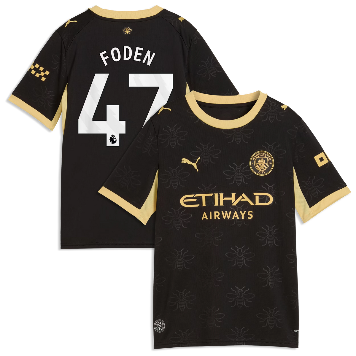 Front and back view of youth Manchester City 2026-2027 away black replica jersey featuring Phil Foden by Final Third Kit