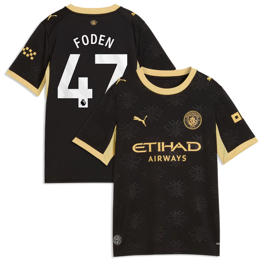 Front and back view of youth Manchester City 2026-2027 away black replica jersey featuring Phil Foden by Final Third Kit