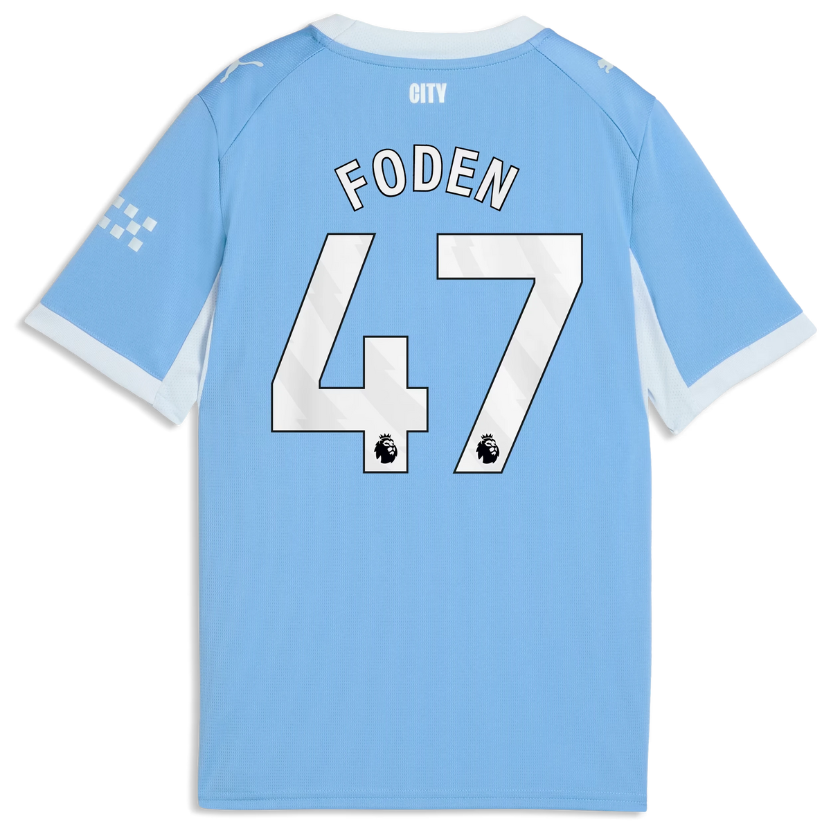 Back view of youth Manchester City 2026-2027 home light blue replica football shirt with Phil Foden name and number 47 printing by Final Third Kit