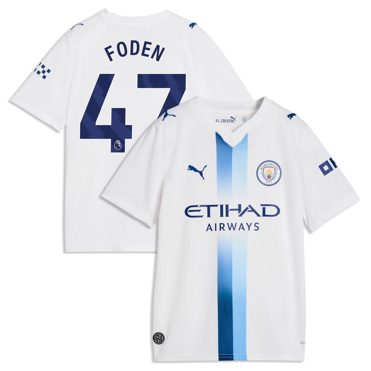 Front and back view of youth Manchester City 2026-2027 third white replica jersey featuring Phil Foden by Final Third Kit