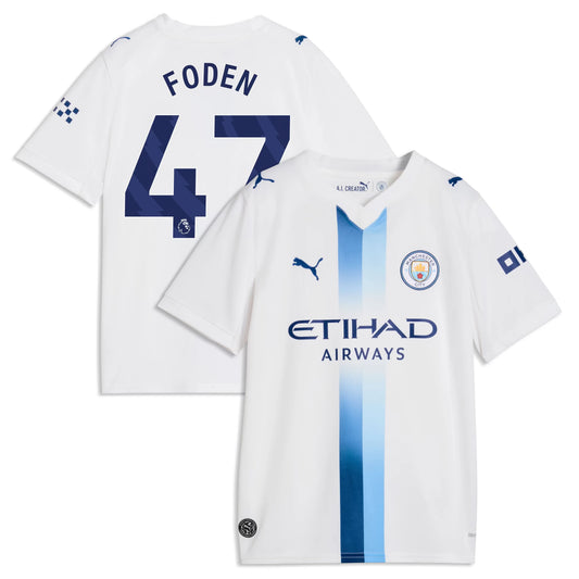 Front and back view of youth Manchester City 2026-2027 third white replica jersey featuring Phil Foden by Final Third Kit
