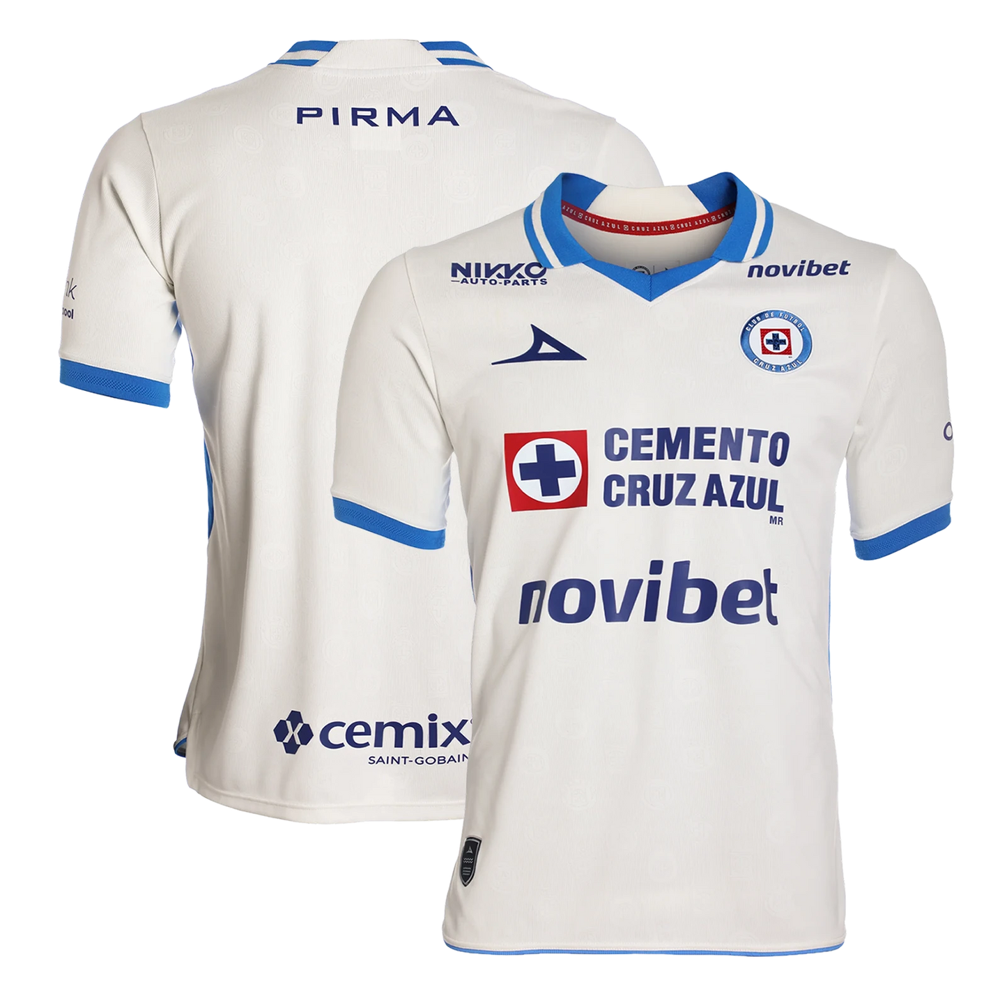 Cruz Azul 2026/27 away stadium replica jersey front and back combined view with white base and blue horizontal fade pattern