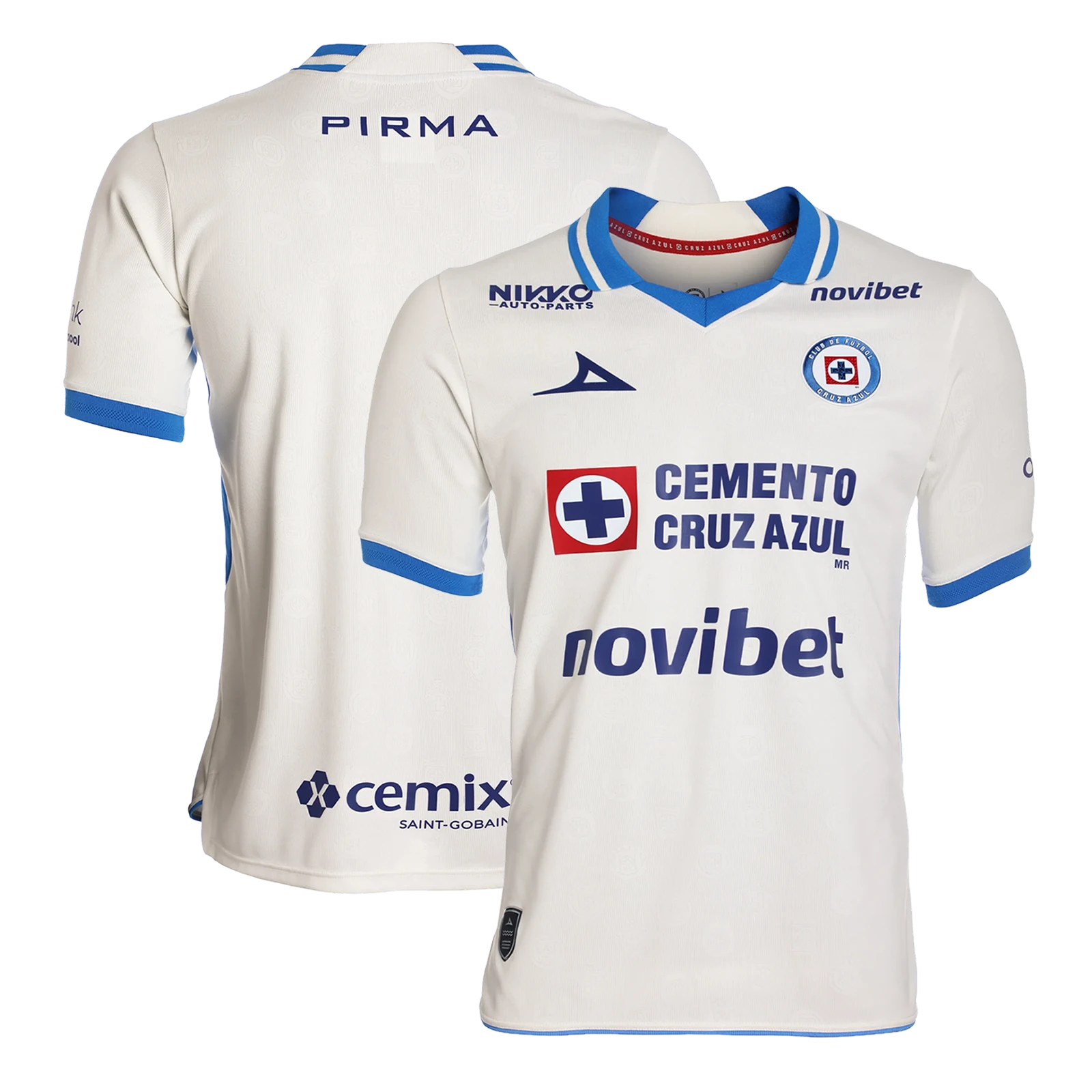 Cruz Azul 2026/27 away stadium replica jersey front and back combined view with white base and blue horizontal fade pattern
