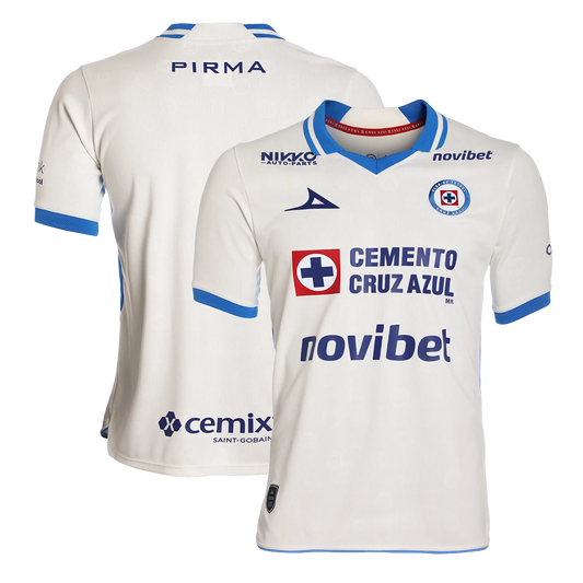 Cruz Azul 2026/27 away stadium replica jersey front and back combined view with white base and blue horizontal fade pattern