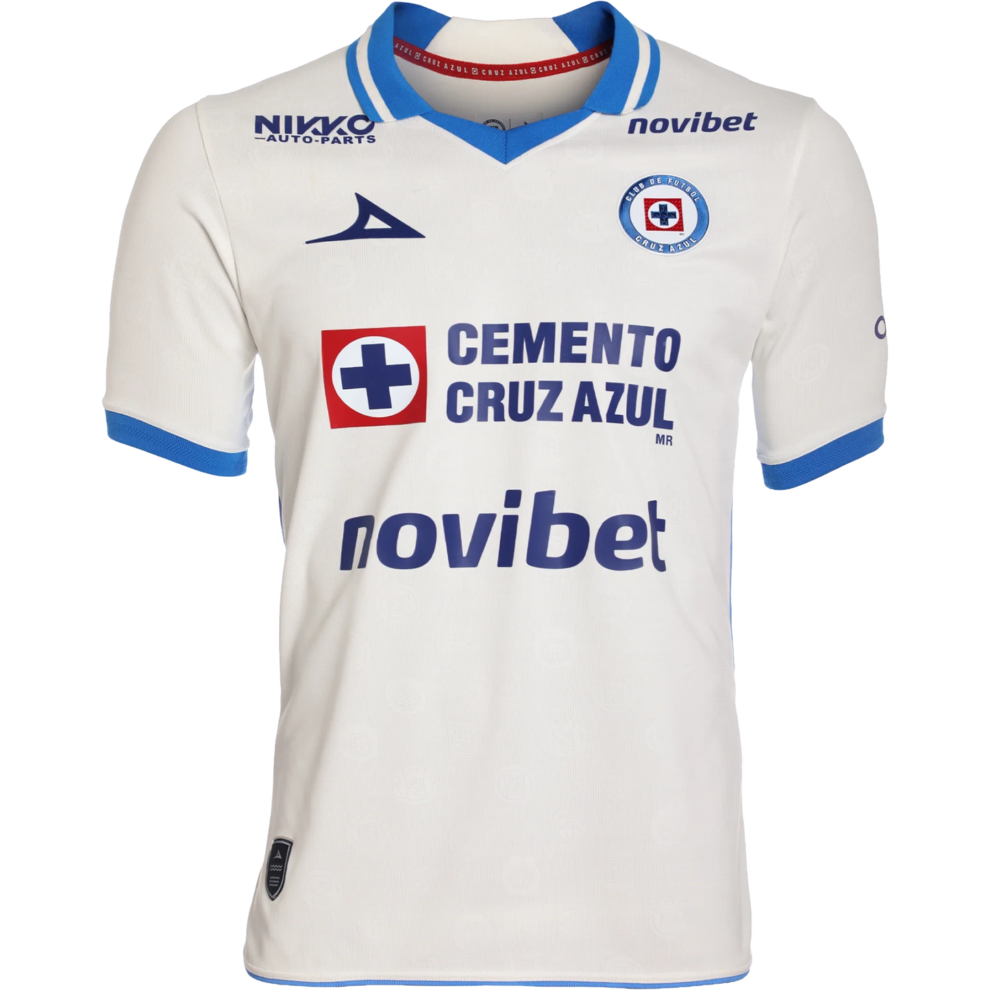 Flat lay of Cruz Azul away stadium replica jersey front with blue gradient design and club crest