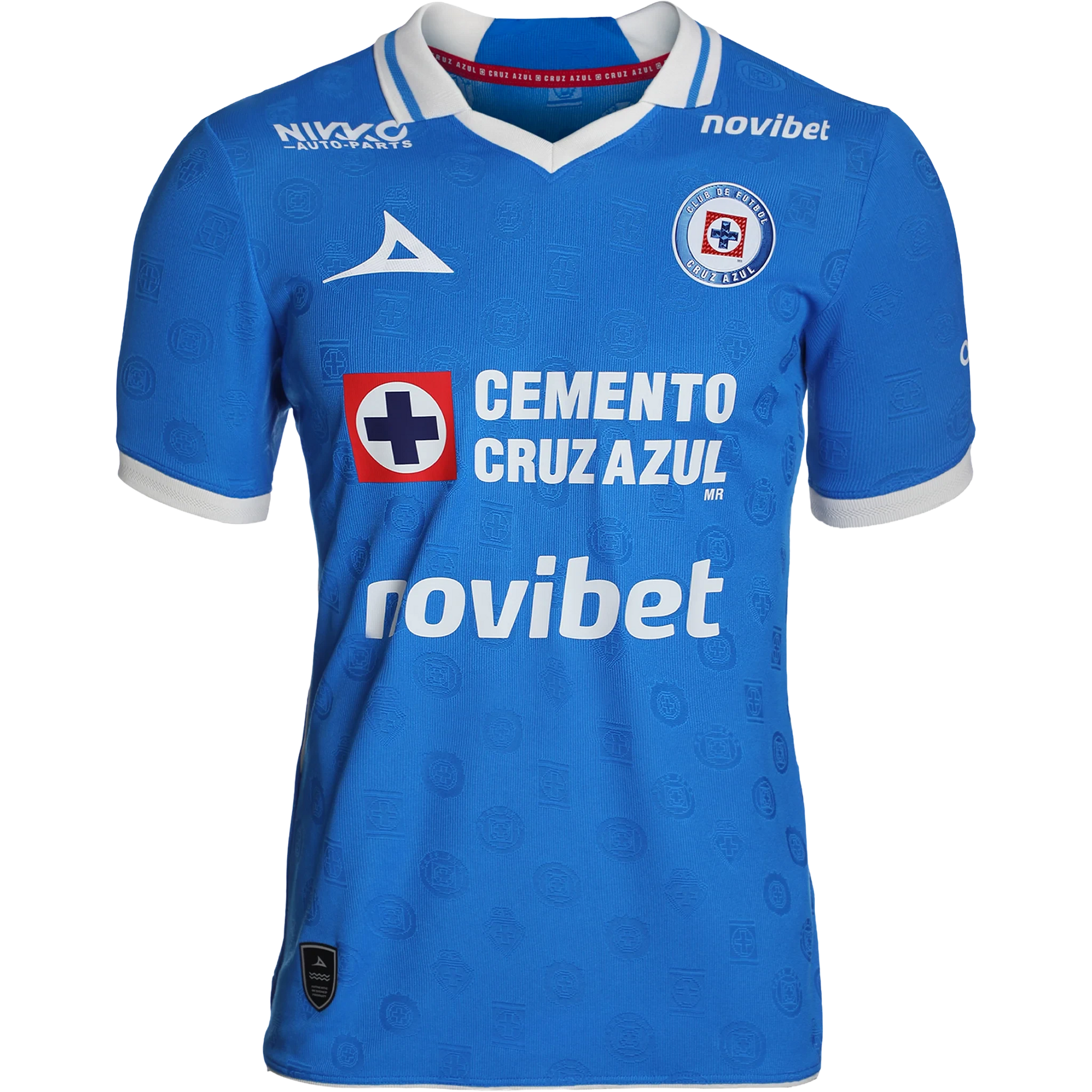 Flat lay of Cruz Azul home stadium replica jersey front with classic blue and white stripes and club crest