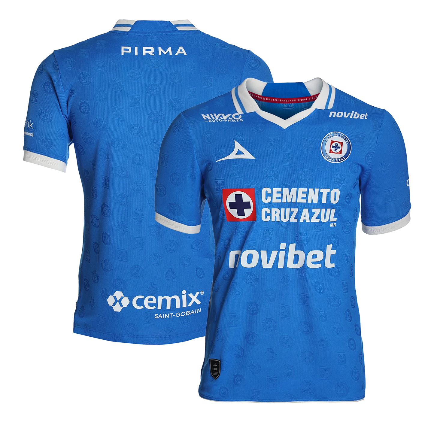 Cruz Azul 2026/27 home stadium replica jersey front and back combined view with blue and white vertical stripes and red Puma logo
