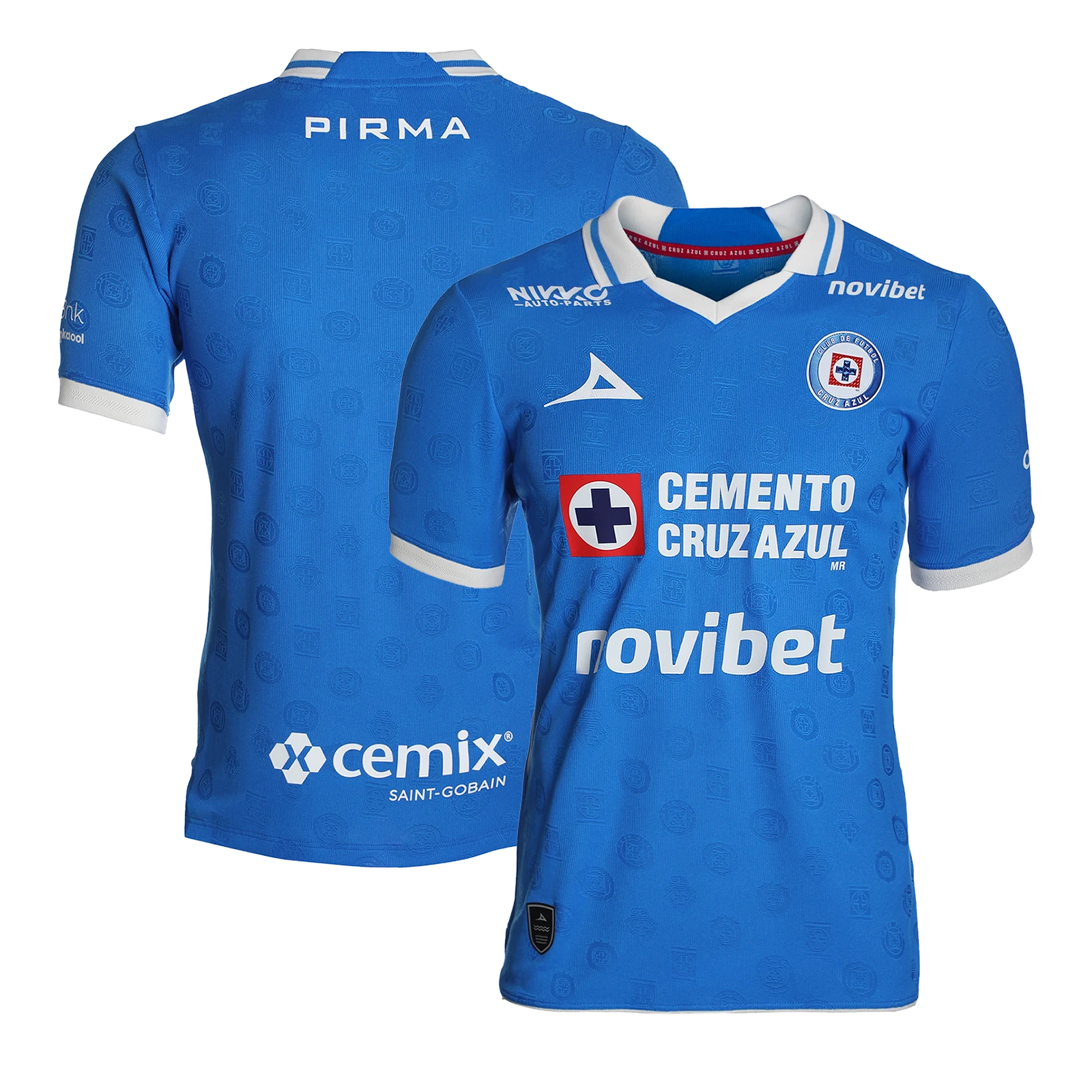 Cruz Azul 2026/27 home stadium replica jersey front and back combined view with blue and white vertical stripes and red Puma logo