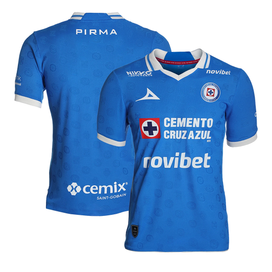 Cruz Azul 2026/27 home stadium replica jersey front and back combined view with blue and white vertical stripes and red Puma logo