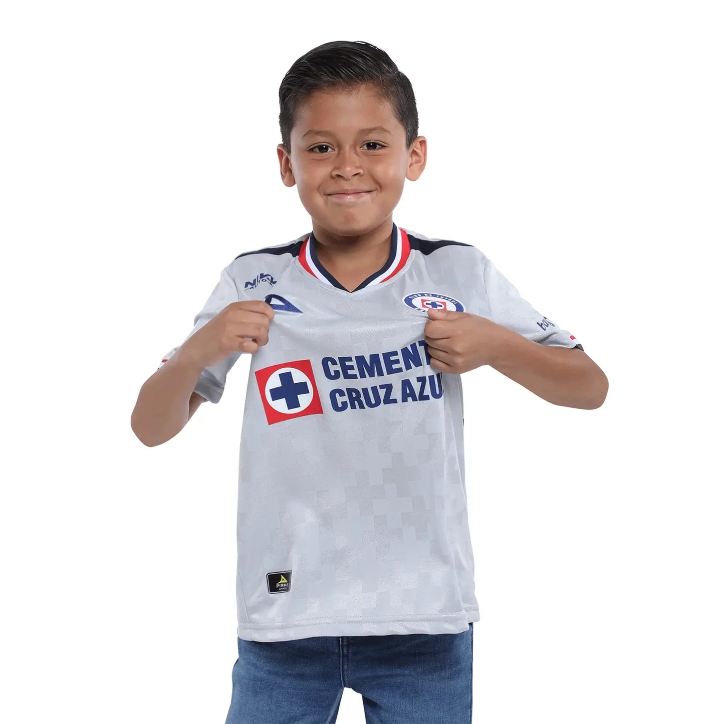 Child wearing a sports jersey with a visible brand logo on a white background