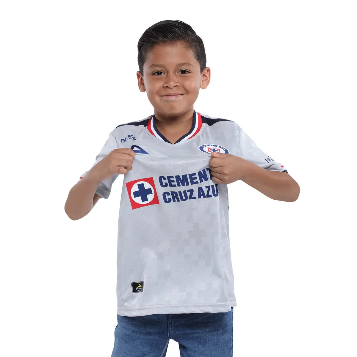 Child wearing a sports jersey with a visible brand logo on a white background