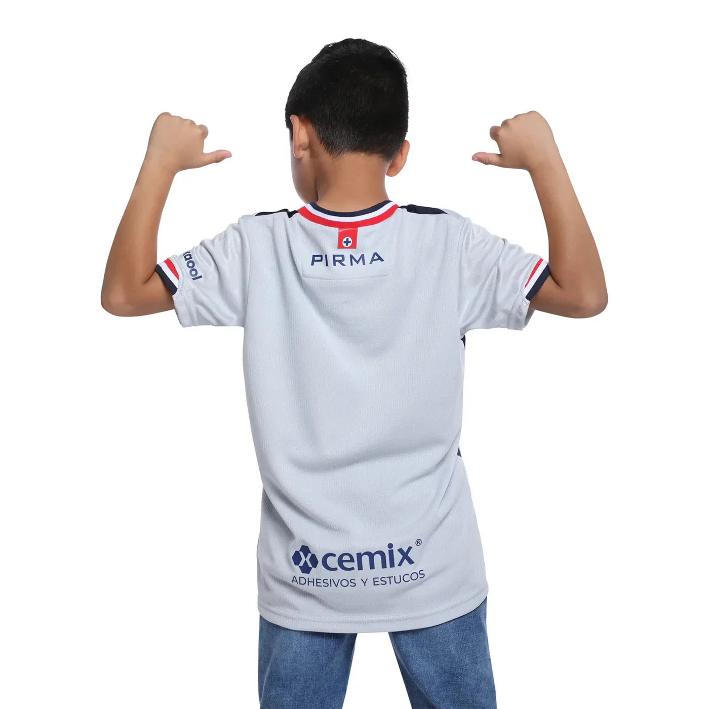Person wearing a white sports jersey with visible branding on a white background