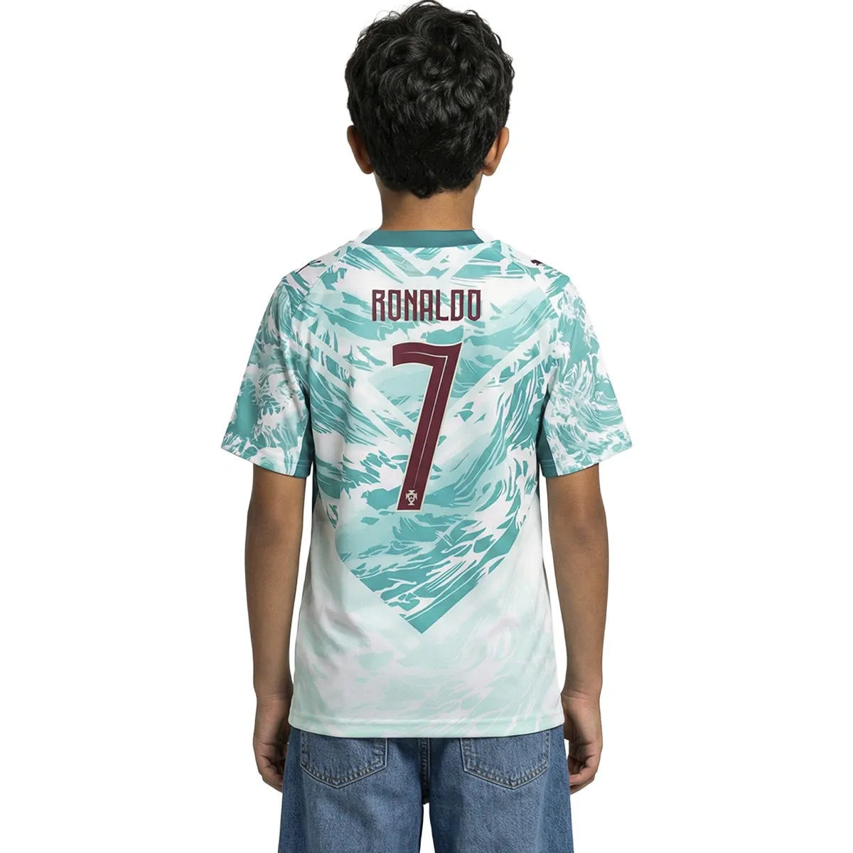 Back view of a boy wearing Portugal 2026 World Cup Away Kids Stadium Replica Jersey - Ronaldo #7 