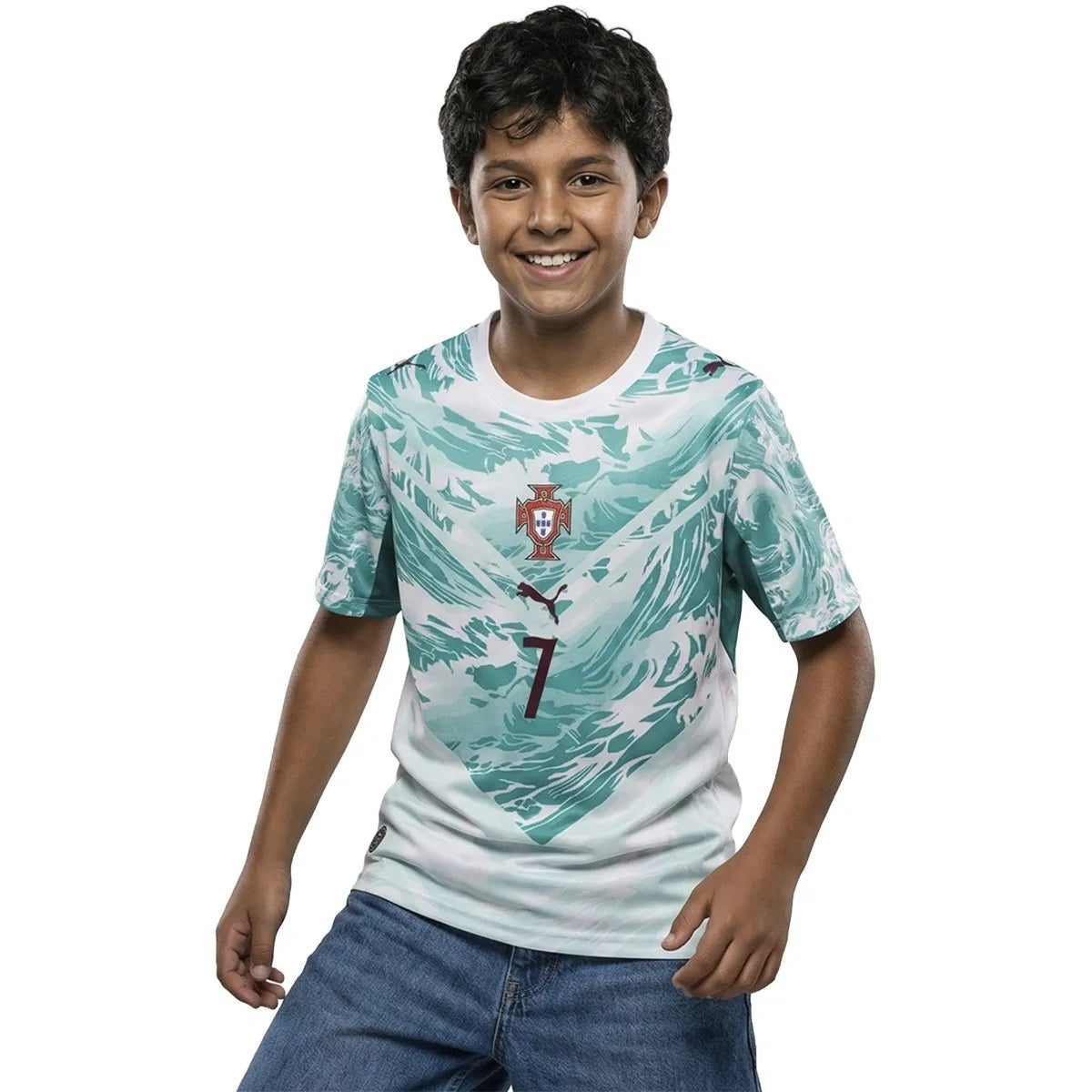 boy wearing a Portugal 2026 World Cup Away Kids Stadium Replica Jersey - Ronaldo #7