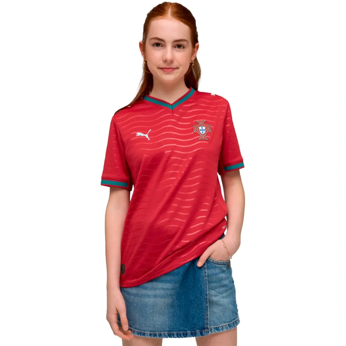 girl wearing a Portugal 2026 World Cup Home Kids Stadium Replica Jersey