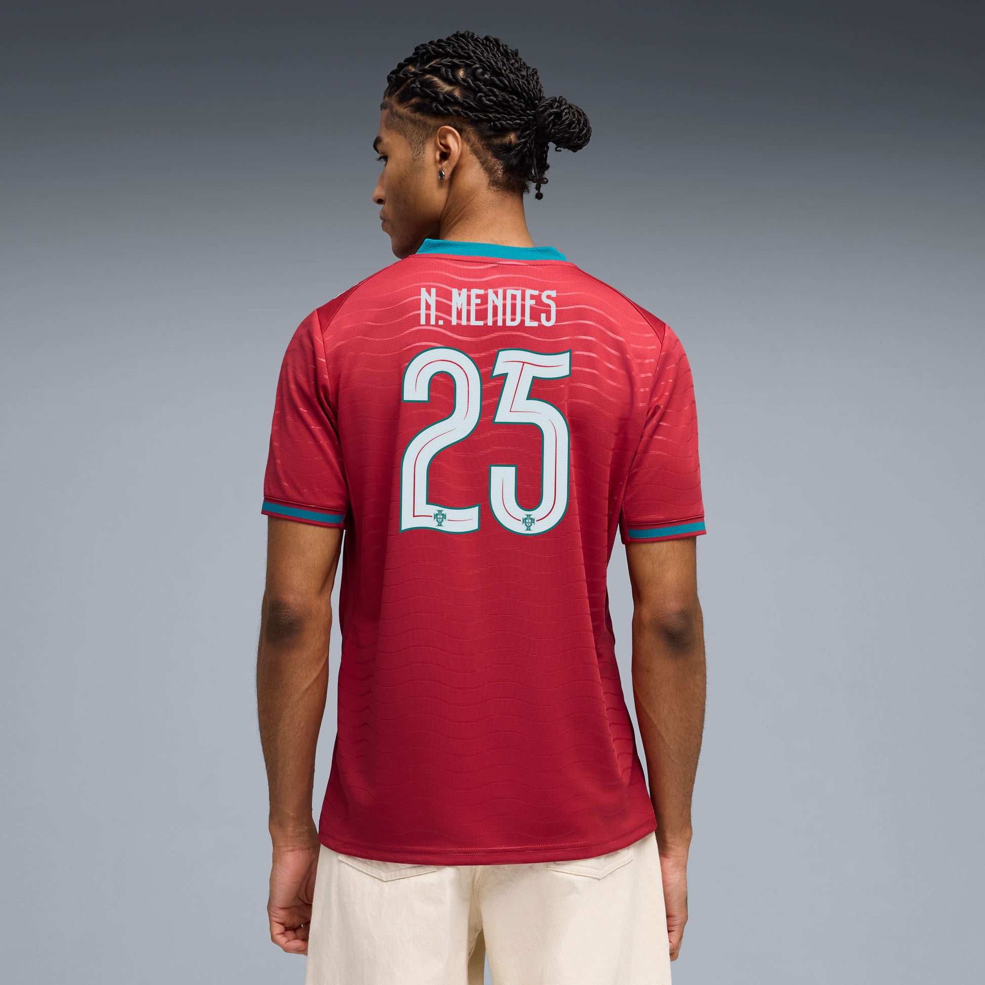 Person wearing aPortugal 2026 World Cup Home Stadium Replica Jersey with N. Mendes #25 Printing back view