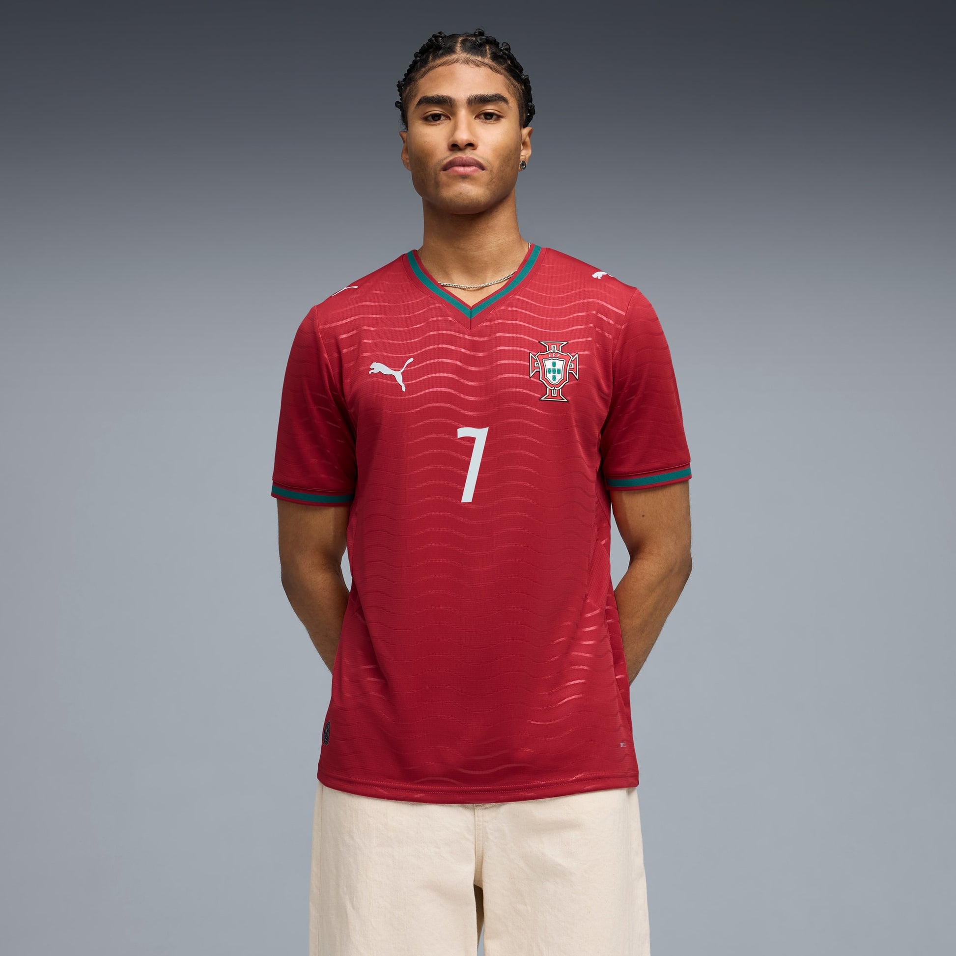 Person wearing a Portugal national team 2026 home stadium jersey with RONALDO #7 custom print front view