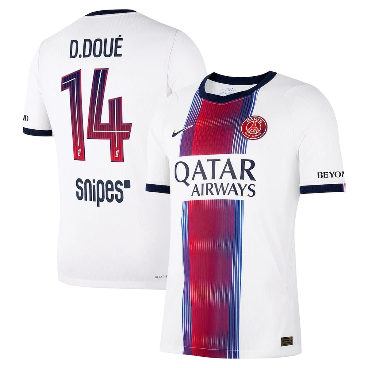Front and back view of men's Paris Saint-Germain 2026-2027 away white aero-fit match jersey featuring D. Doué by Final Third Kit