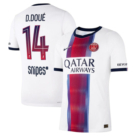 Front and back view of men's Paris Saint-Germain 2026-2027 away white aero-fit match jersey featuring D. Doué by Final Third Kit
