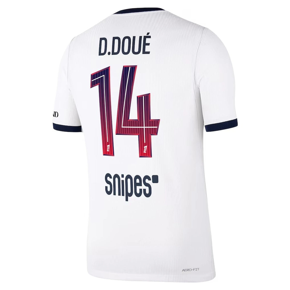 Back view of men's Paris Saint-Germain 2026-2027 away white aero-fit match football shirt with D. Doué name and number 14 printing by Final Third Kit