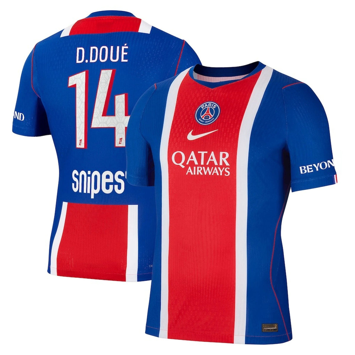 Front and back view of men's Paris Saint-Germain 2026-2027 home blue aero-fit match jersey featuring D. Doué by Final Third Kit