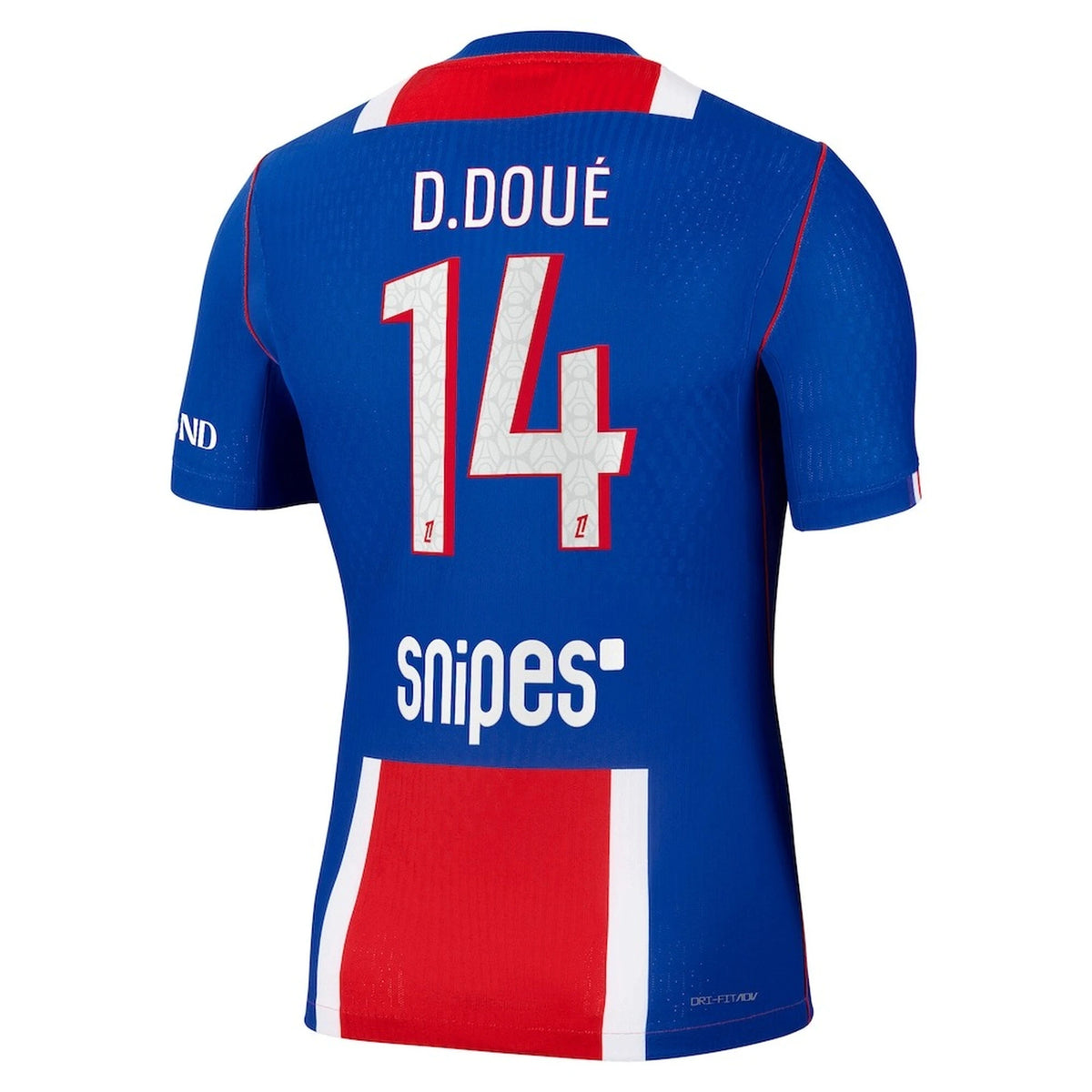 Back view of men's Paris Saint-Germain 2026-2027 home blue aero-fit match football shirt with D. Doué name and number 14 printing by Final Third Kit