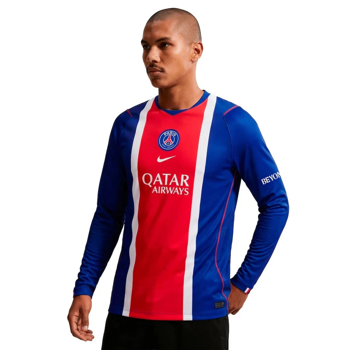 Person wearing a Paris Saint-Germain 2026/27 Home Stadium Long Sleeve Replica Jersey