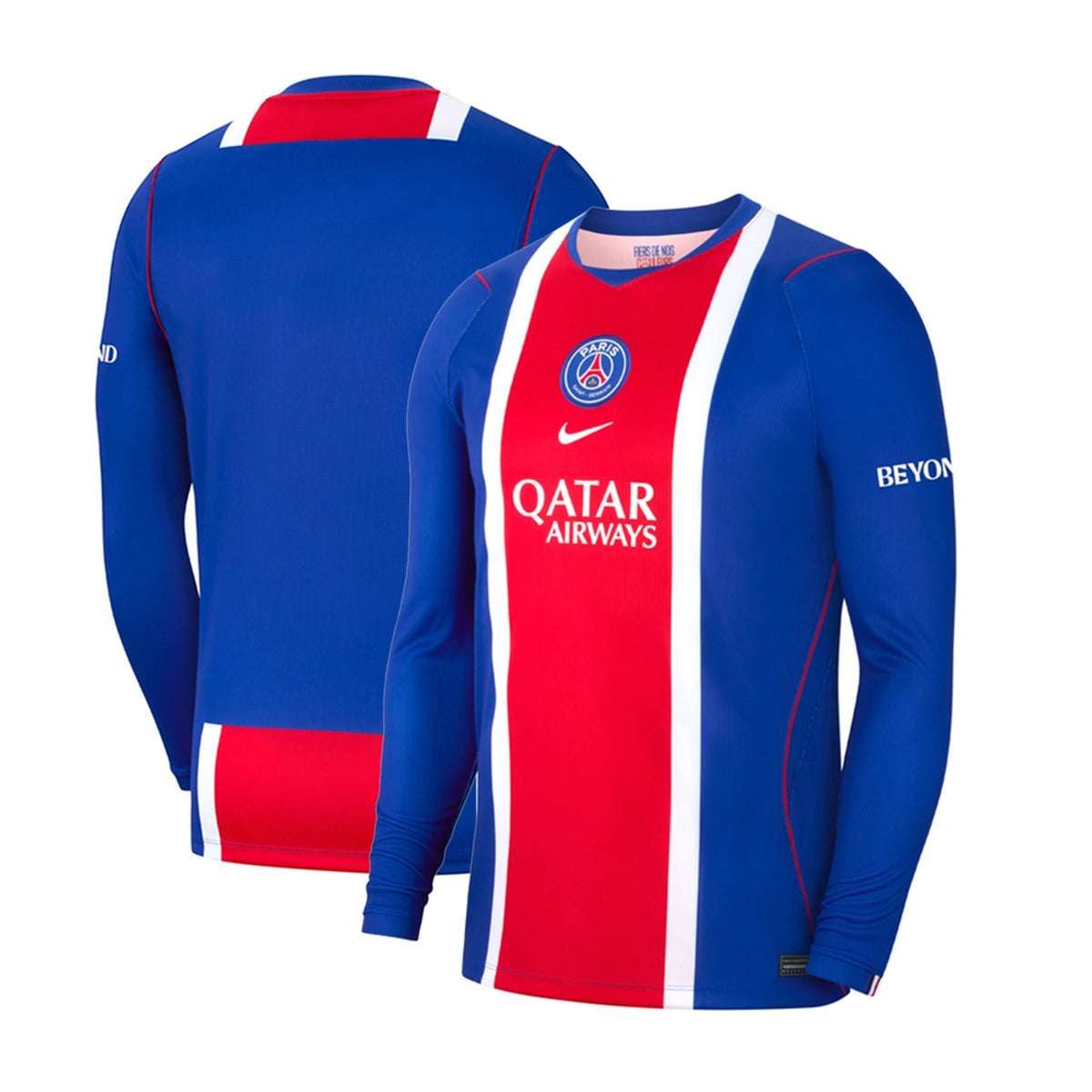 Front and back view of men's Paris Saint-Germain 2026-2027 home blue stadium replica long sleeve jersey by Final Third Kit