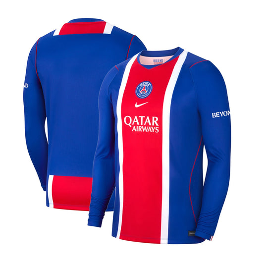 Front and back view of men's Paris Saint-Germain 2026-2027 home blue stadium replica long sleeve jersey by Final Third Kit