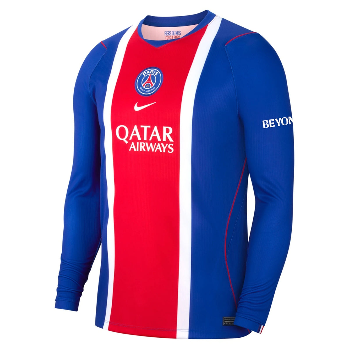Front view of men's Paris Saint-Germain 2026-2027 home blue stadium replica long sleeve soccer jersey by Final Third Kit