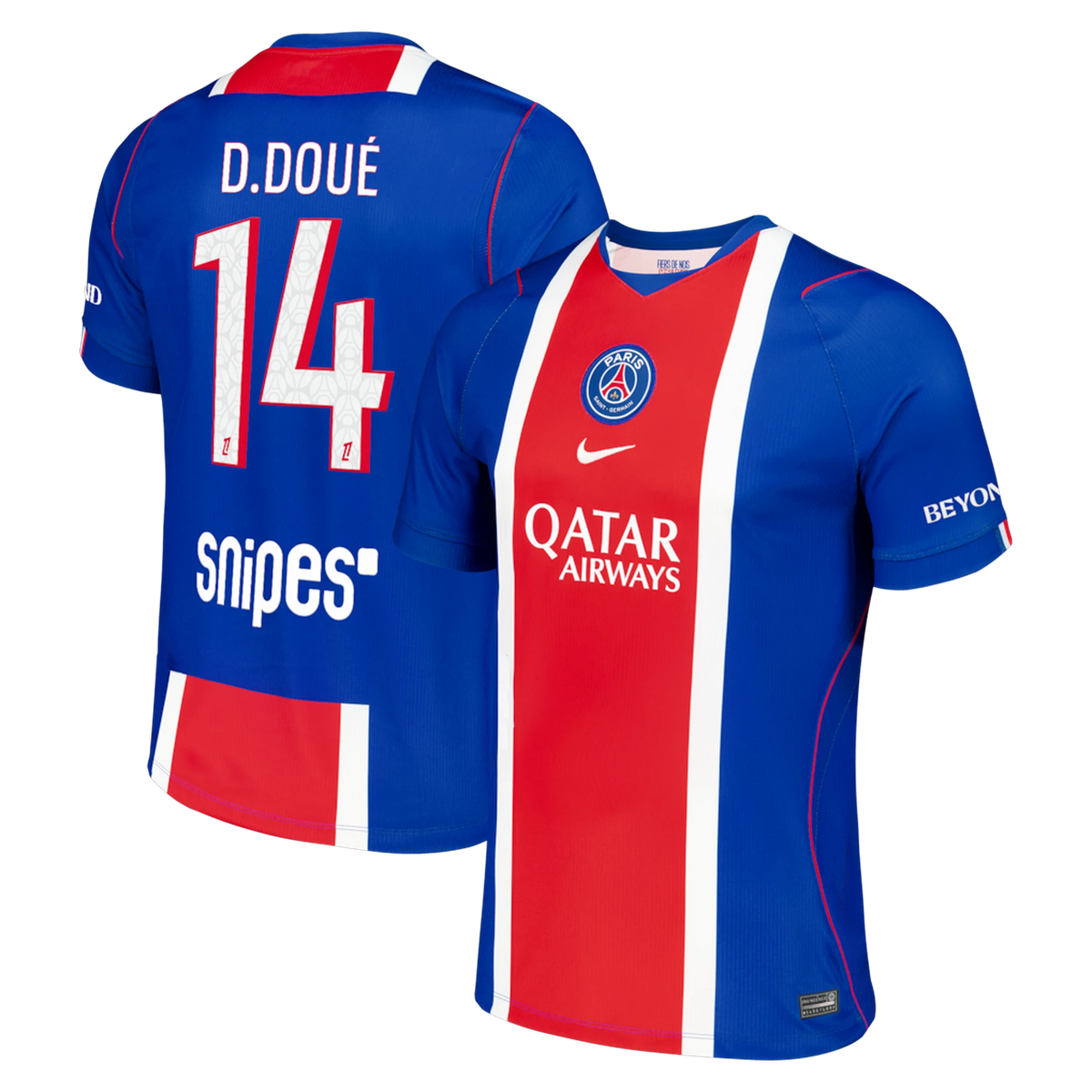 Front and back view of men's Paris Saint-Germain 2026-2027 home blue stadium replica custom jersey featuring Désiré Doué by Final Third Kit