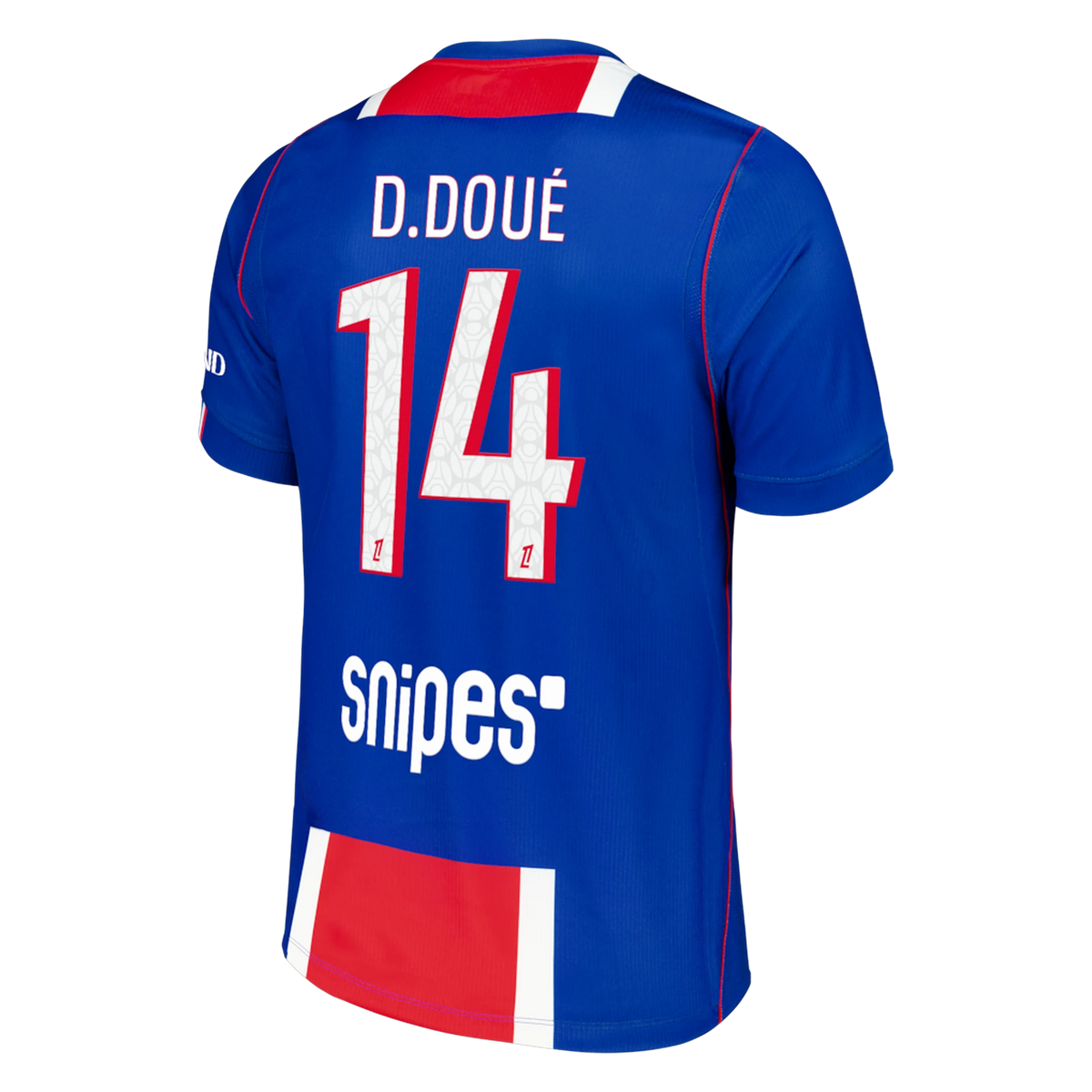 Back view of men's Paris Saint-Germain 2026-2027 home blue stadium replica football shirt with Désiré Doué name and number 14 printing by Final Third Kit