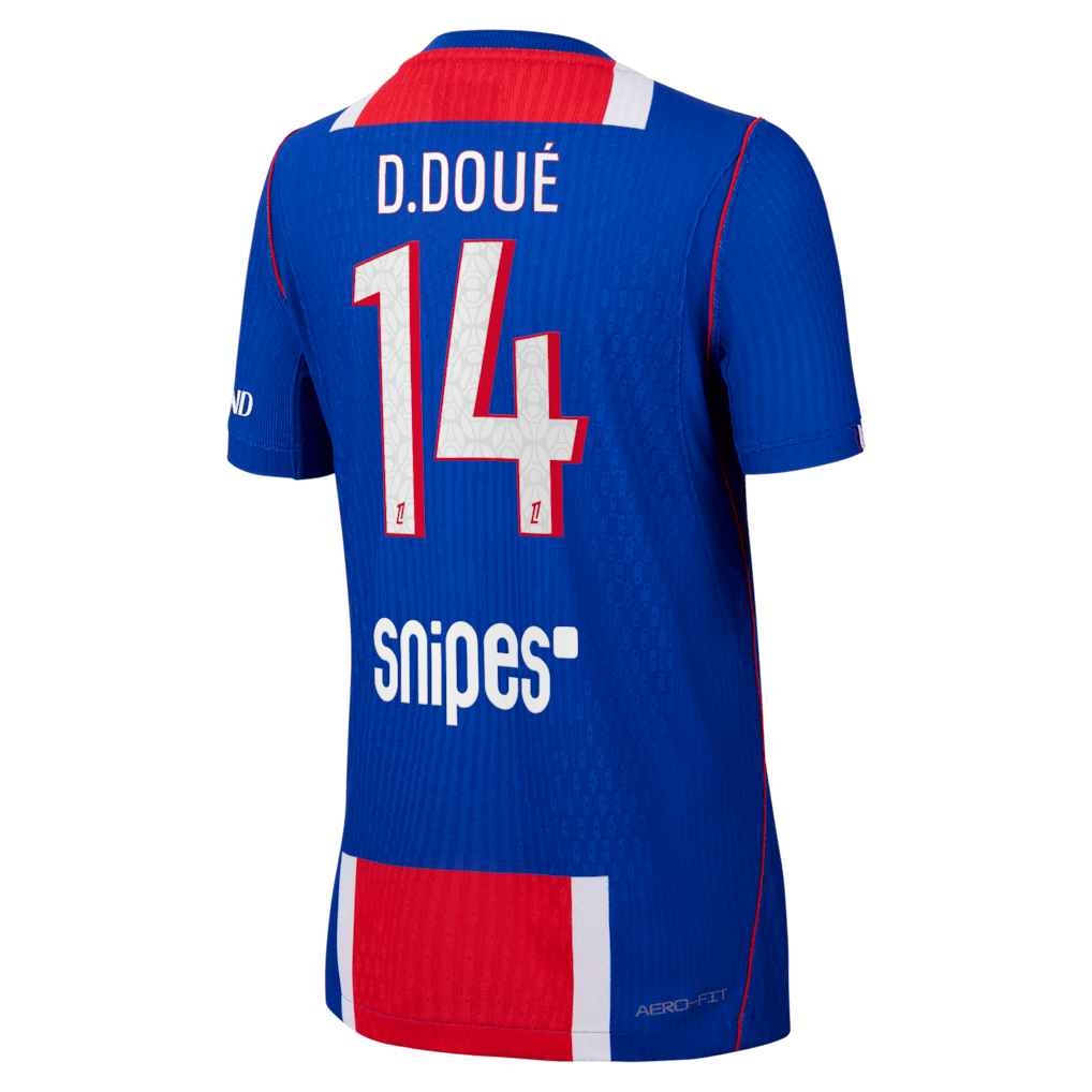 back view of PSG 2026/27 authentic home jersey with D.DOUÉ #14 custom print