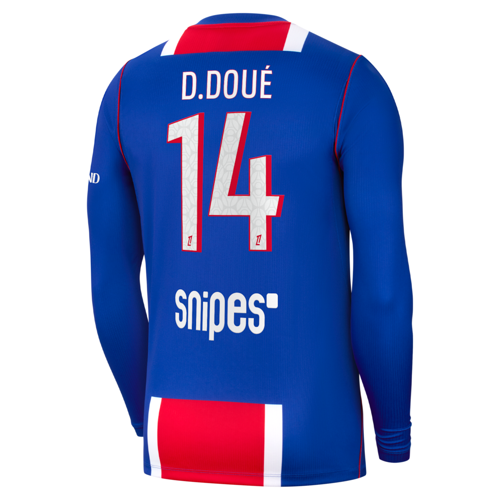 back view of PSG 2026/27 long sleeve home jersey with D.DOUÉ #14 custom print