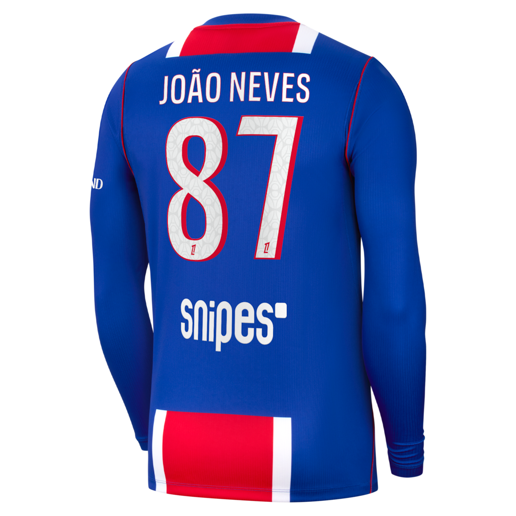 back view of PSG 2026/27 long sleeve home jersey with JOÃO NEVES #87 custom print