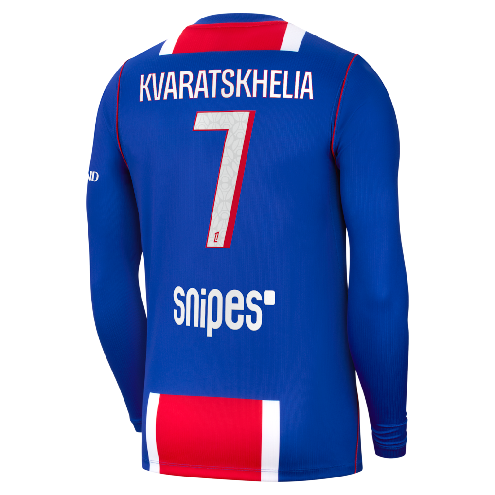 back view of PSG 2026/27 long sleeve home jersey with KVARATSKHELIA #7 custom print