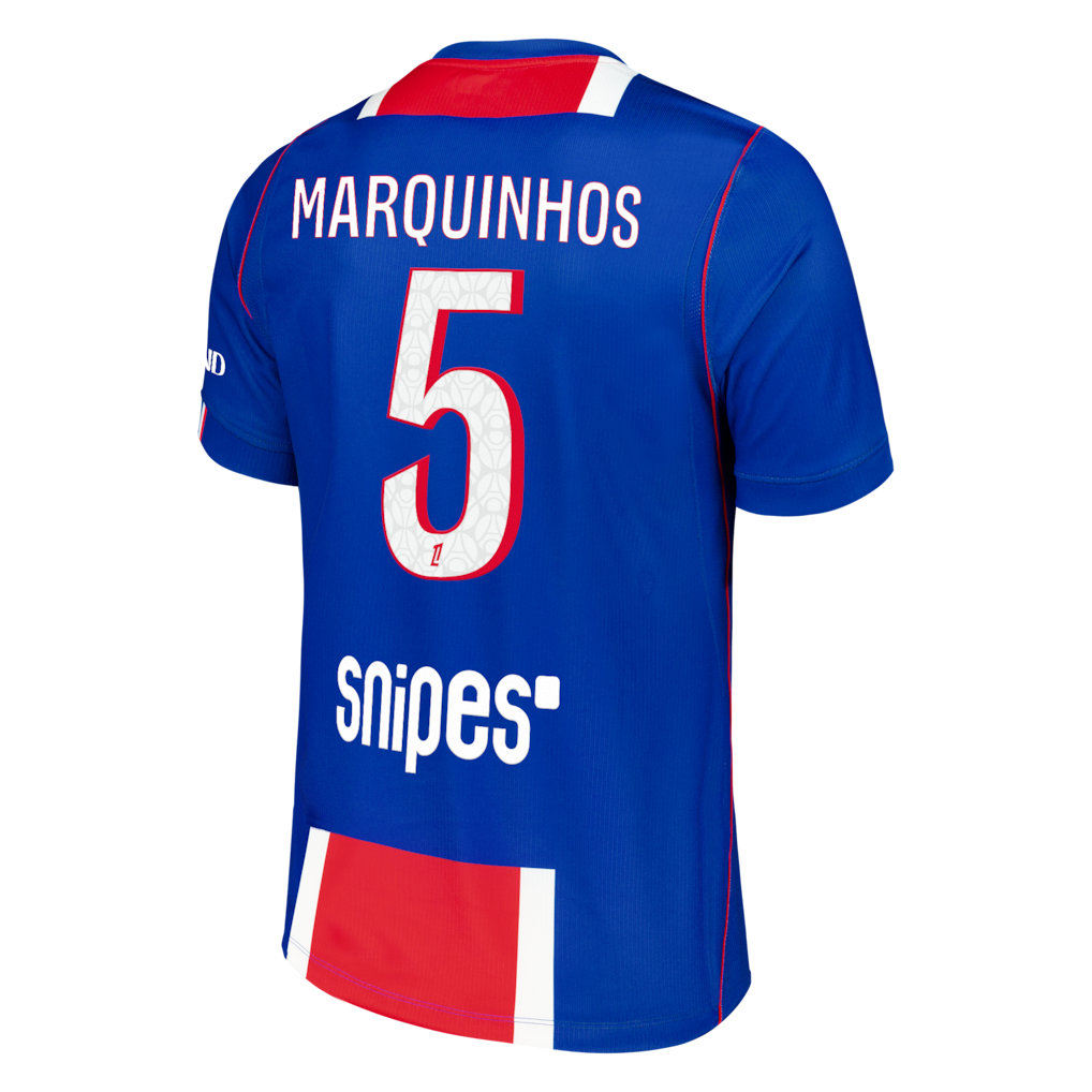 back view of PSG 2026/27 home jersey with MARQUINHOS #5 custom print