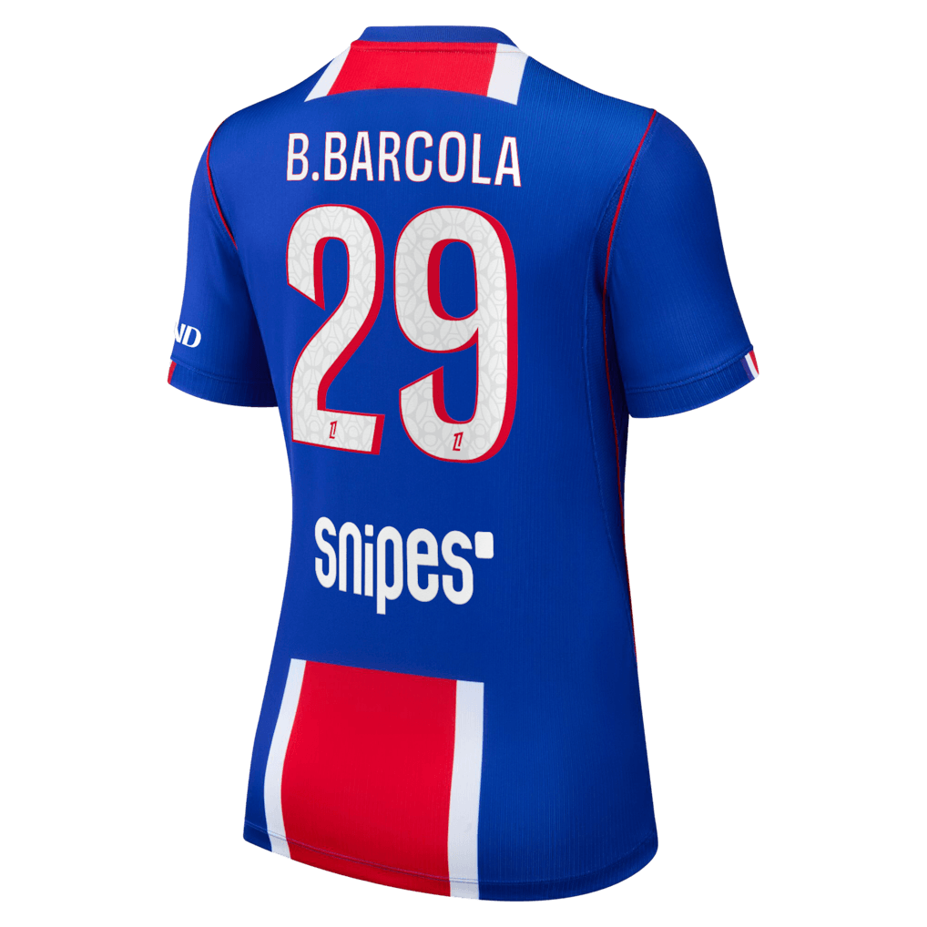 back view of PSG 2026/27 women's home jersey with B.BARCOLA #29 customization