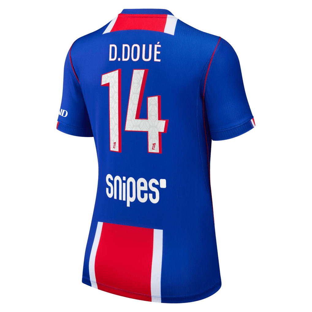 back view of nike psg 2026 27 home women stadium jersey with d.doue printing