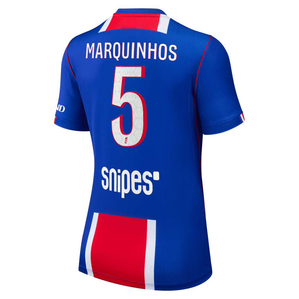 back view of nike psg 2026 27 home women stadium jersey with marquinhos 5 printing 
