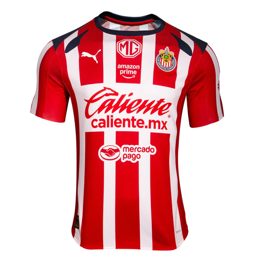 Flat lay of Chivas home stadium jersey front with classic red and white stripes and club crest