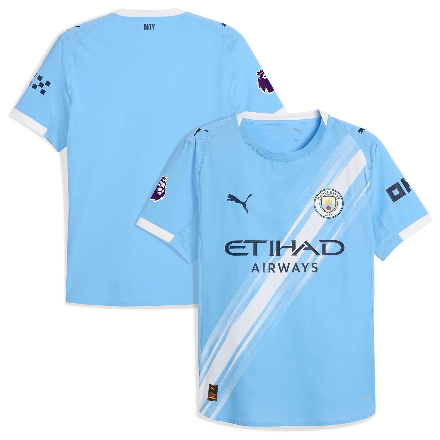 Manchester City 2025/26 home stadium replica jersey front and back combined view with iconic sky blue design