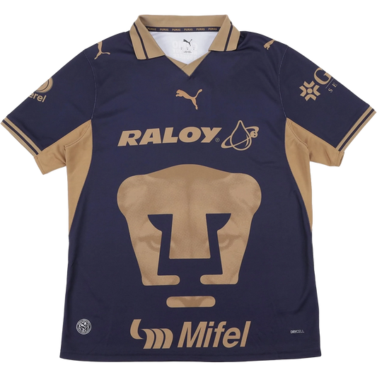 Front view of youth Pumas 2026-2027 home blue stadium soccer jersey by Final Third Kit
