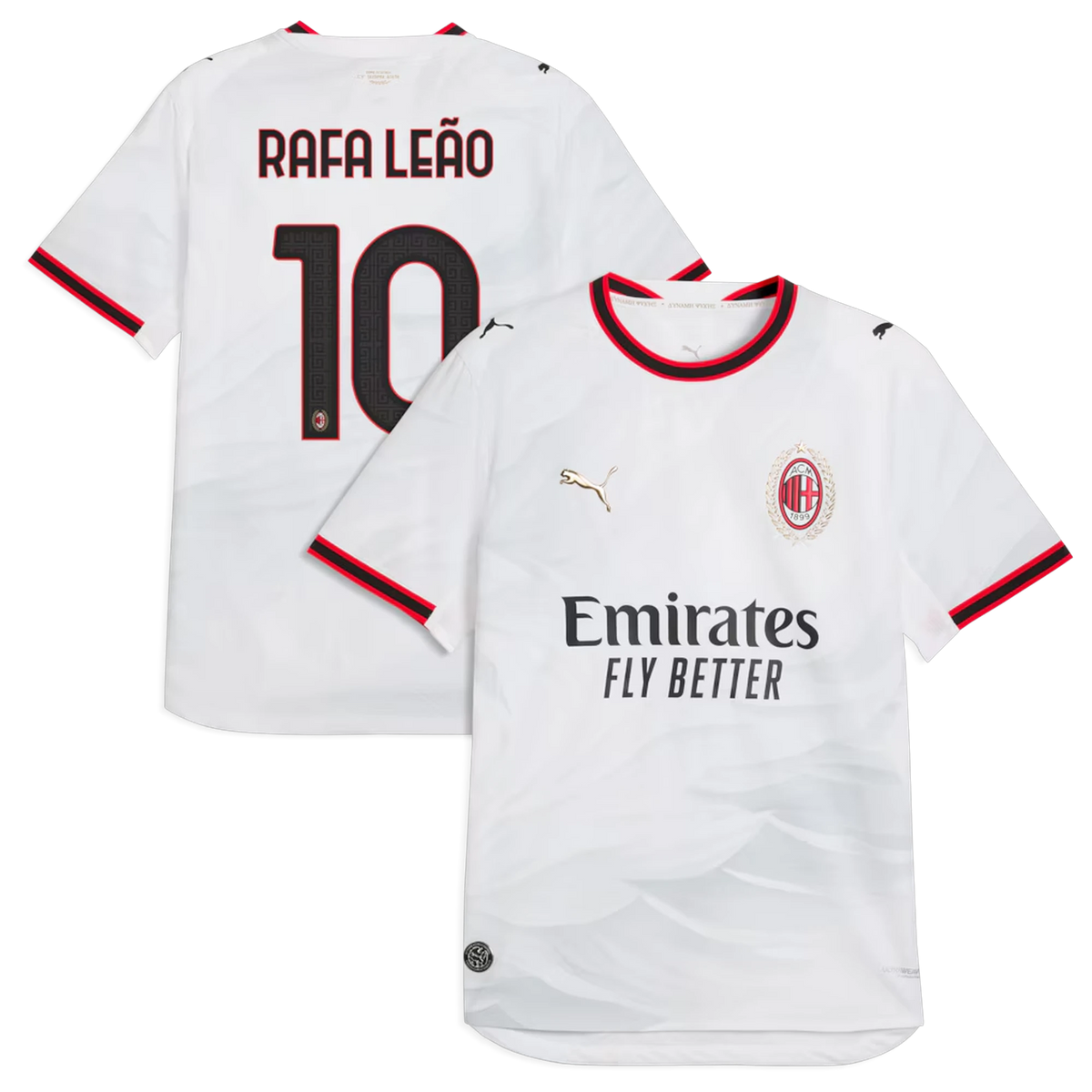 Front and back view of AC Milan 2026-2027 away white on-field authentic jersey featuring Rafael Leão by Final Third Kit