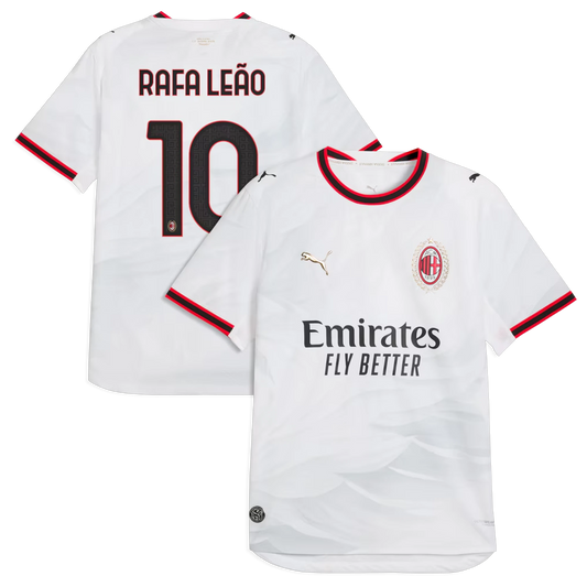Front and back view of AC Milan 2026-2027 away white on-field authentic jersey featuring Rafael Leão by Final Third Kit